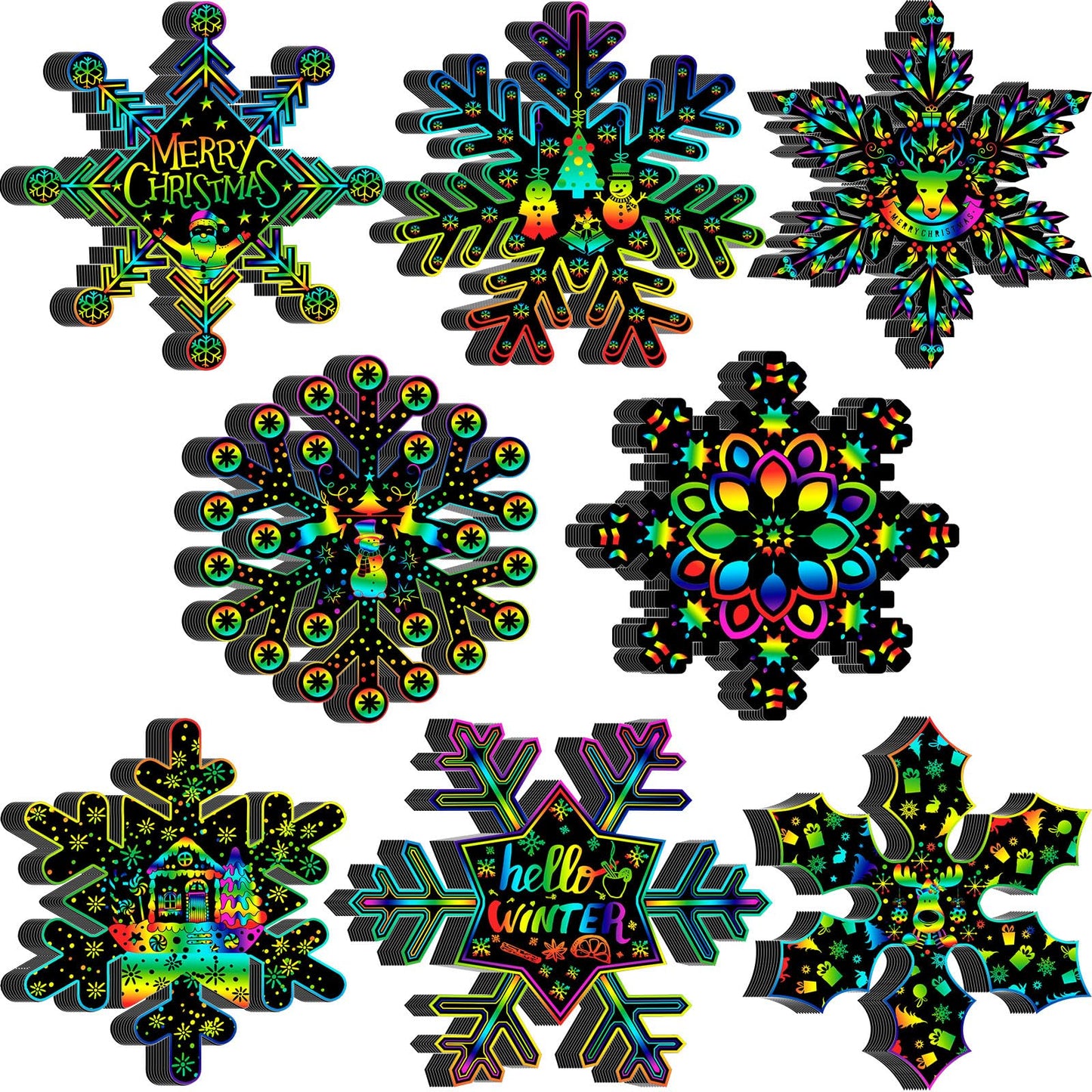 Hollowfly 80 Pcs Snowflake Scratch Cards Winter Scratch Ornaments for Kids Rainbow Winter Crafts Party Supplies for Xmas Gift Home Classroom DIY Activities