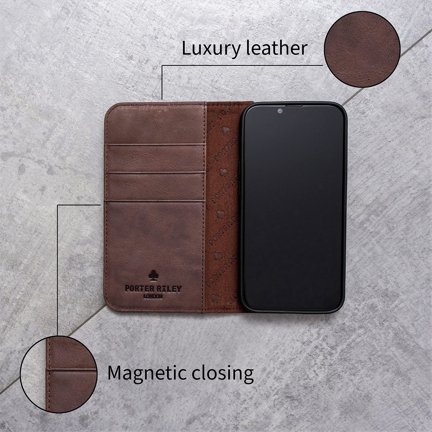 Porter Riley - Leather Case for iPhone SE 2022/20 and iPhone 8 / iPhone 7. Premium Genuine Leather Stand/Cover/Wallet/Flip Case with Card Slots & Horizontal Stand (Chocolate Brown)