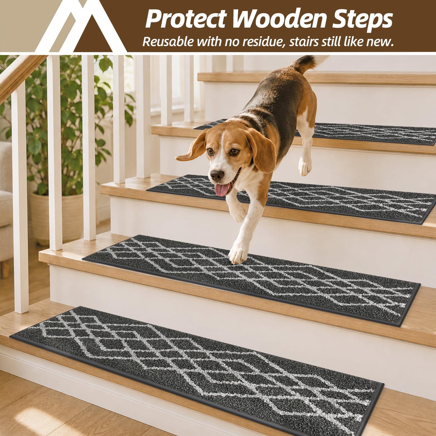 COSY HOMEER Soft Stair Treads Non-Slip Carpet Mat 28inX9in Indoor Stair Runners for Wooden Steps,Stair Rugs for Kids and Dogs, 100% Polyester TPE Backing 7pcs,Black,Rhombus