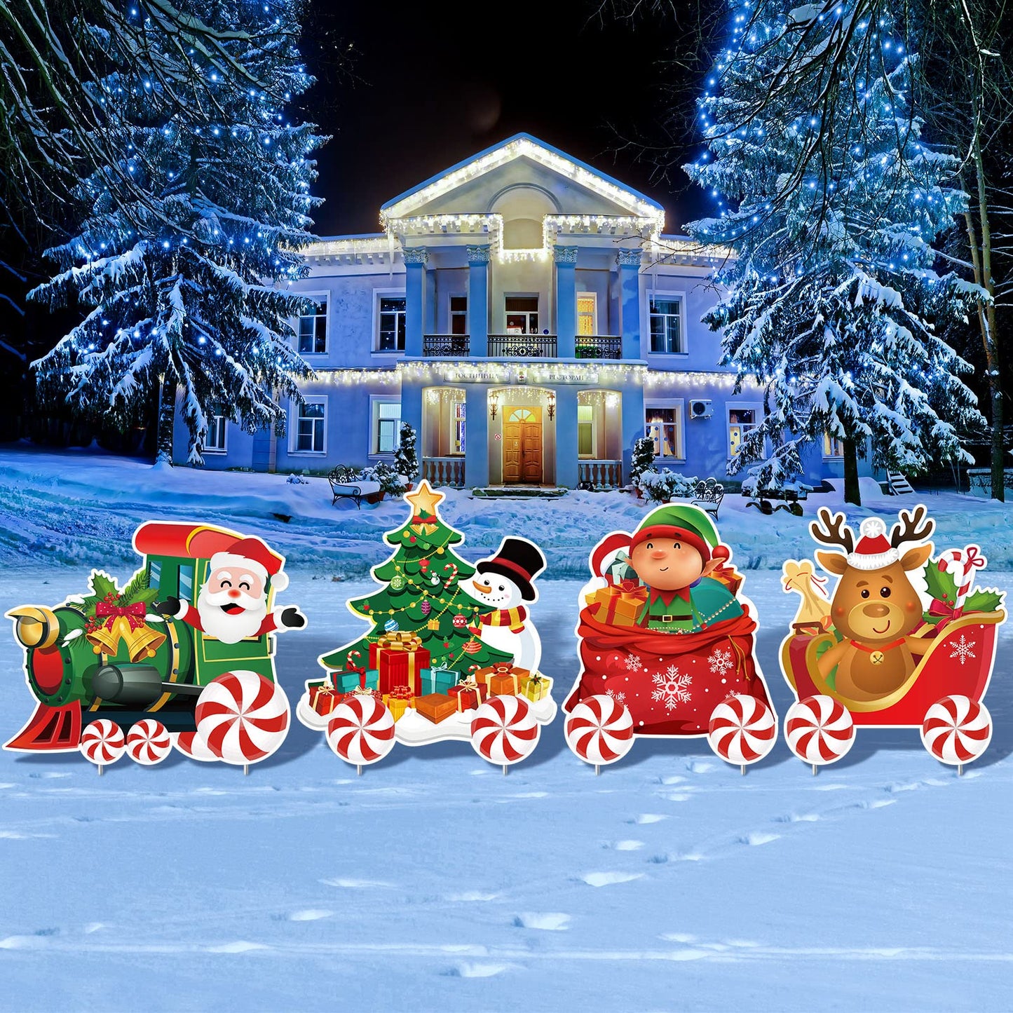Marsui 4 Pieces Christmas Train Decorations Outdoor Yard Lawn Signs Christmas Tree Gingerbread Santa Snowman Reindeer Train with 8 Stakes for Xmas Holiday Outside Garden Lawn Yard Decor