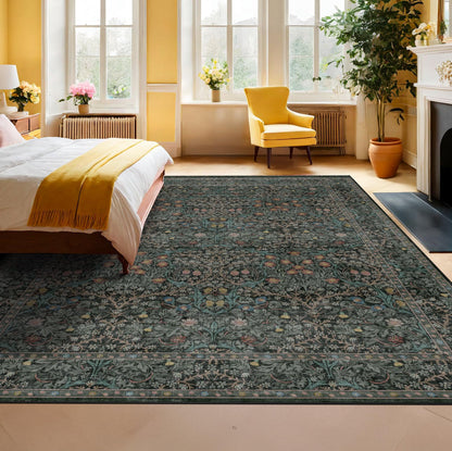 Vintage Dark Green Living Room Rug, 8x10 Washable Area Rugs for Dining Room Under Kitchen Table, Bedroom, Oriental Low Pile Stain Resistant Non-Slip Large Carpet (8x10 Dark Green)