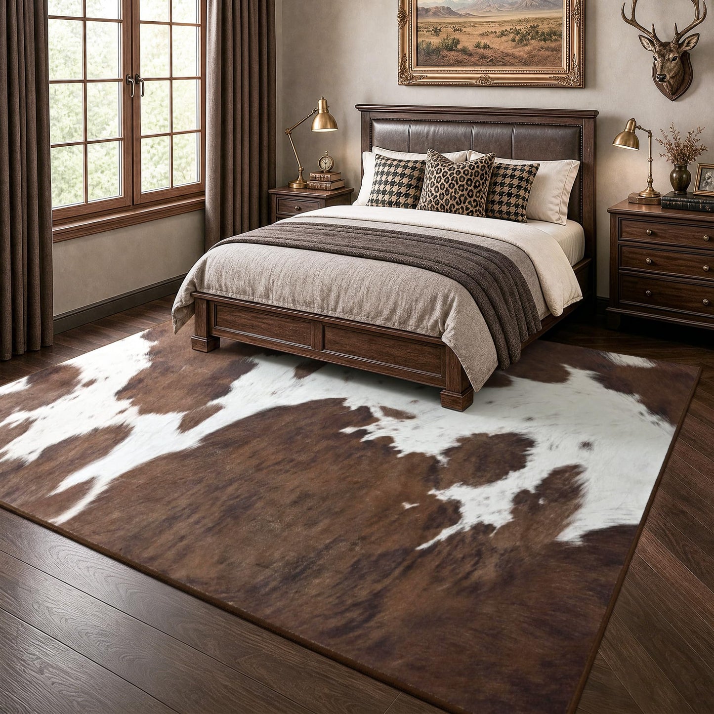 Foxmas Cow Print Rugs for Living Room Bedroom, 5x7 Washable Non-Slip Low Pile Indoor Floor Rug, Carpet for Dining Room Kitchen Office Western Home Decor, Brown