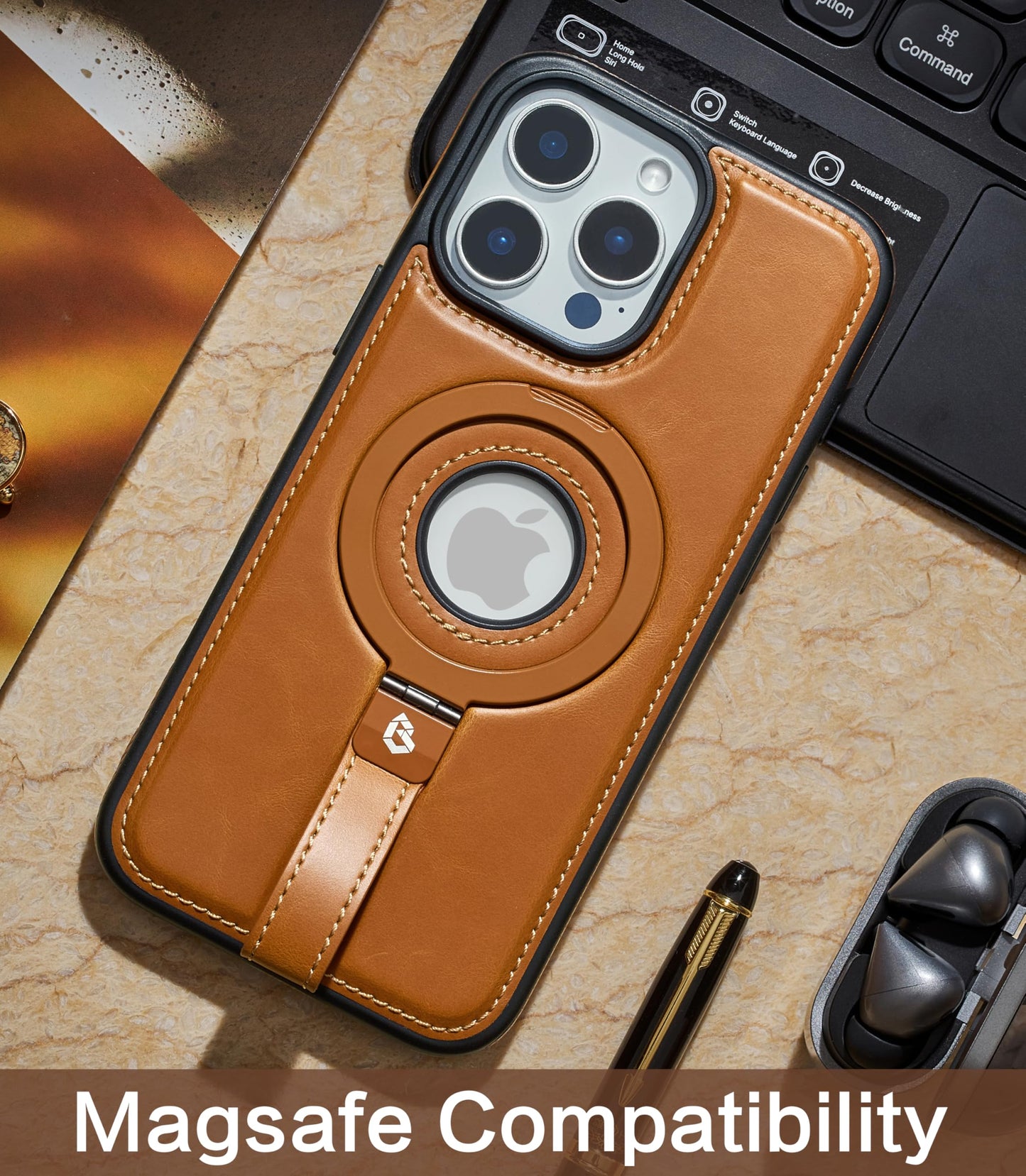Butaiga for iPhone 16 Pro Max Leather Case with Stand, Anti-Slip Grip Ring, Fits for MagSafe (Brown, iPhone 16 Pro Max)