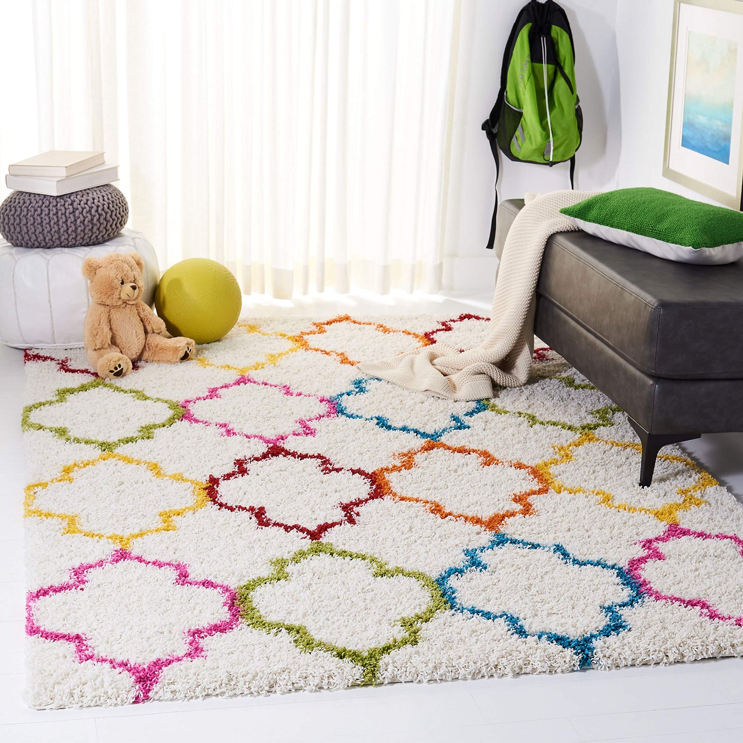SAFAVIEH Kids Shag Collection Accent Rug - 4' x 6', Ivory & Multi, Rainbow Trellis Design, Non-Shedding & Easy Care, 2-inch Thick Ideal for High Traffic Areas in Foyer, Living Room, Bedroom (SGK569A)