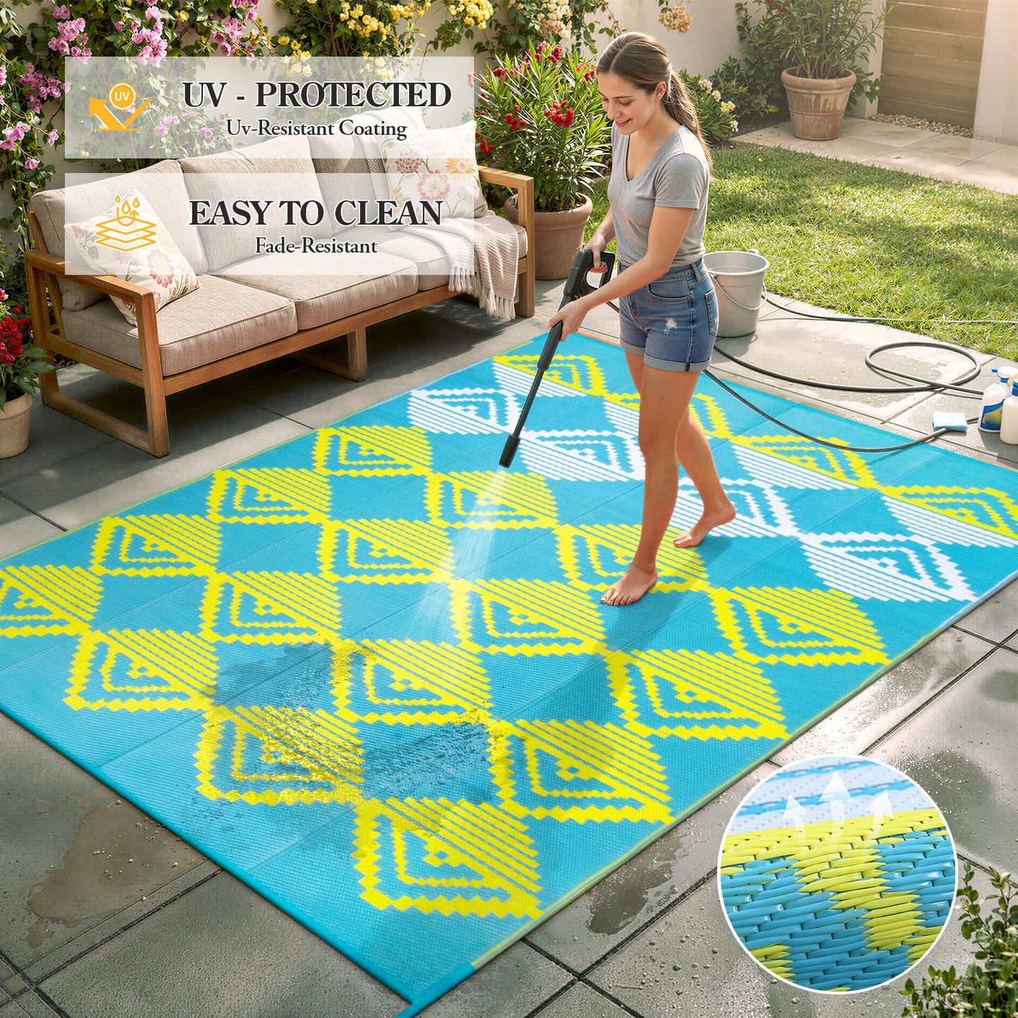 Beeiva Outdoor Rug 8x10 Waterproof for Patio, Reversible Outdoor Patio Rug for Backyard, Deck, Blue Yellow