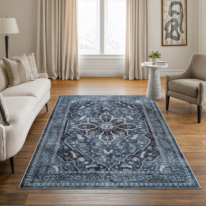 Bloom Rugs Caria Washable Non-Slip 4x6 Rug - Blue/Charcoal Traditional Area Rug for Living Room, Bedroom, Dining Room, and Kitchen - Exact Size: 4' x 6'