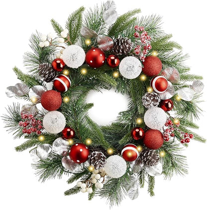 Valery Madelyn 20'' Pre-Lit Christmas Wreath for Front Door with Light, Lighted Christmas Door Wreath with Red White Xmas Ball Norfolk Pine Branches for Home Porch Fireplace Window Holiday Decor