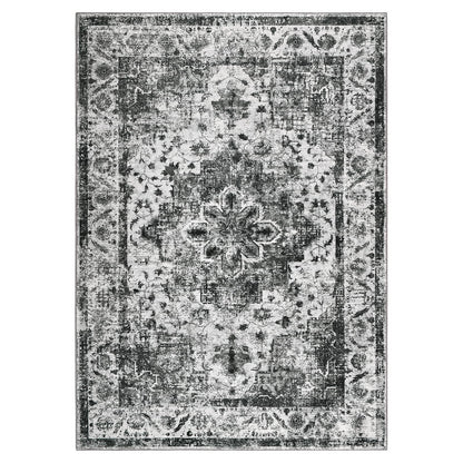 YOH Boho Washable Rug 8x10, Black Vintage Non Slip Area Rug, Distressed Indoor Carpet for Living Room Bedroom Kitchen Office