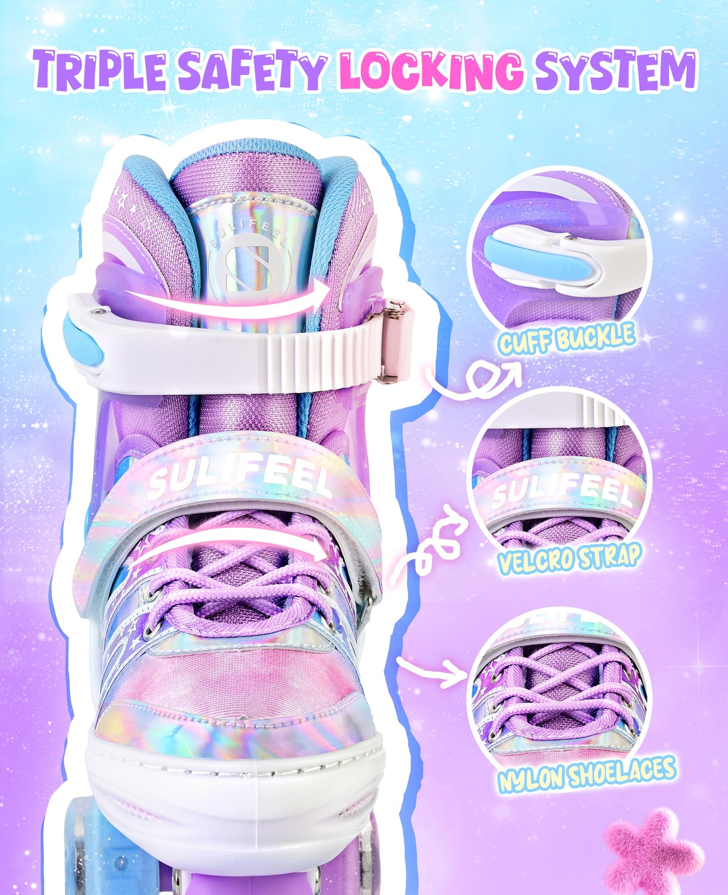 SULIFEEL Rainbow Tie-Dye Adjustable Roller Skates for Girls Kids Ages 3-5 5-8 6-12 Pink Purple Light Up Skate with Fluffy Pom Poms Triple Protection for Indoor Outdoor Skating