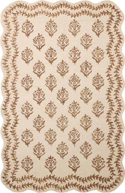 Loloi Rifle Paper Co. Lisette Collection LST-01 Ivory/Natural 2'-6" x 7'-6" Runner Rug Wool, Natural, Scallop, Wavy, Floral, Textured, Living Room, Bedroom, Dining, Carpet