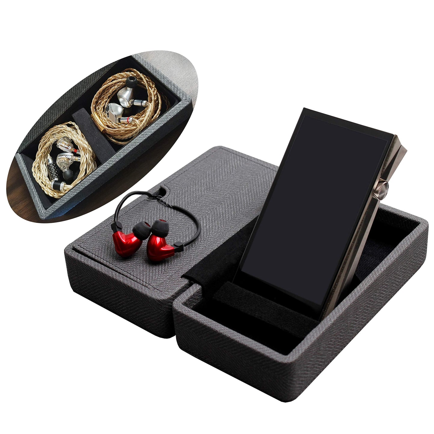 Miter Carrying case for DAP + Earphone, Handmade Italy PU Leather Hard Standing case for 2 IEM Earphones + 1 Digital Audio Player Storage Carry Cover Box (Large Size-Black)