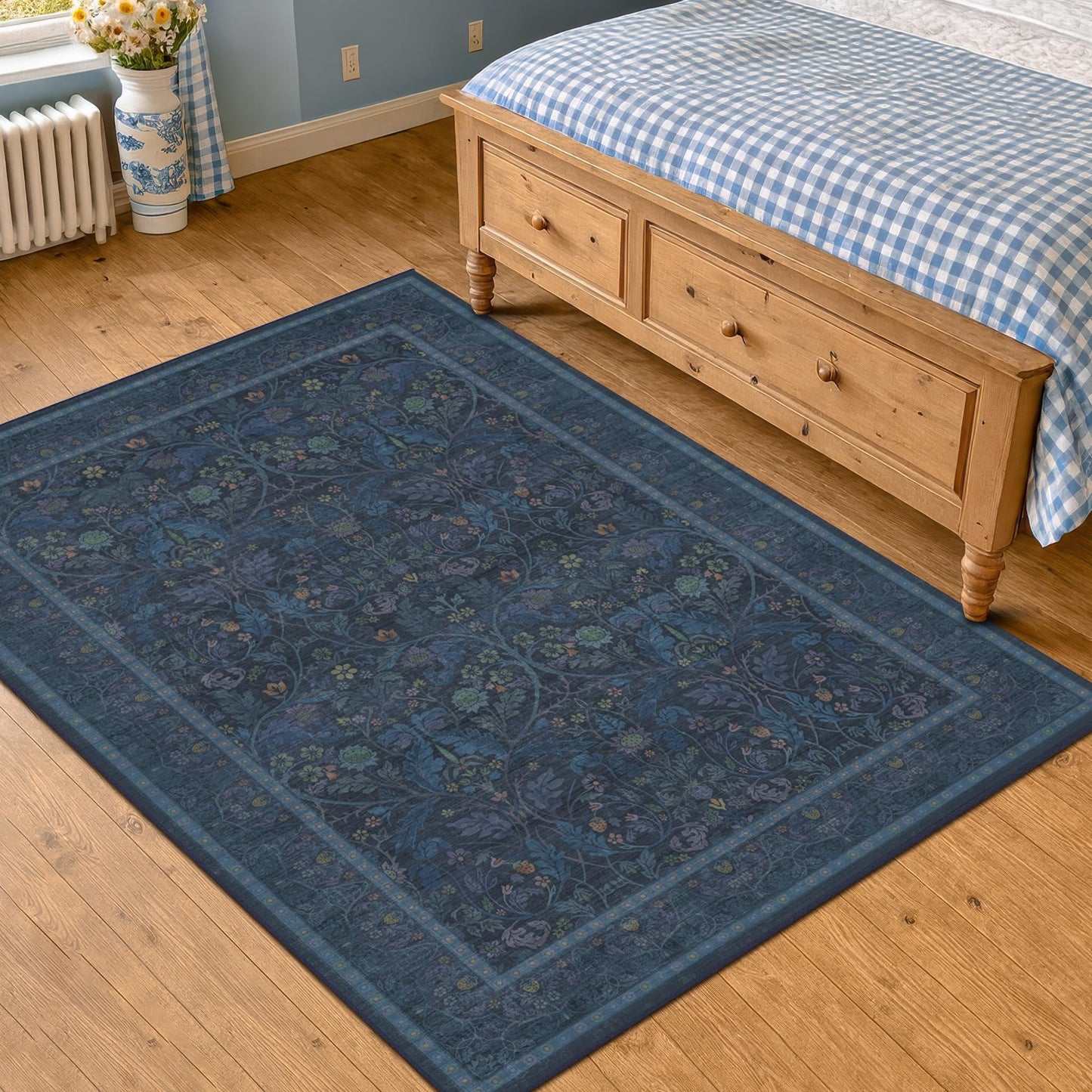 Washable Dark Blue 5x7 Living Room Area Rug - Small Dining Room Rugs for Under Table, Non Skid & Low Pile Bedroom Carpet, Thin Nature Botanical Pattern Mats (Navy Blue)