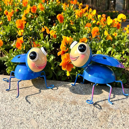 Metal Yard Art Garden Decor for Outside Cute Blue Ladybugs Lawn Patio Ornaments Backyard Decorations Garden Gifts for Mom - Set of 2