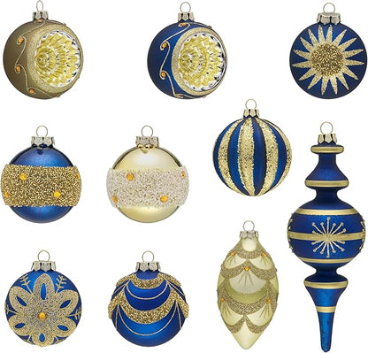 Valery Madelyn Glass Christmas Ornaments Set, 10ct Blue Gold Mercury Blown Glass Christmas Tree Ball Decorations, Luxury Hanging Teardrop Finial Faceted Reflector Decor