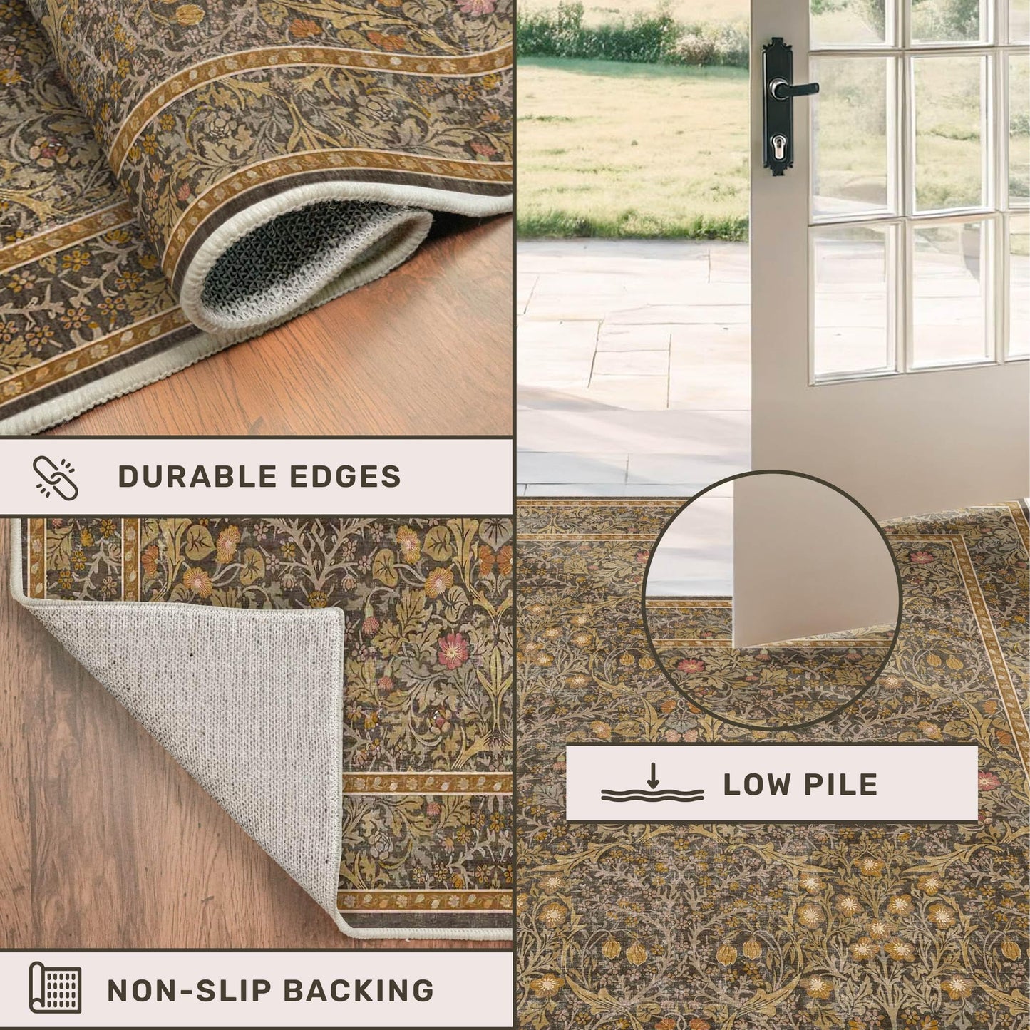 Washable Runner Rug Non Slip 2x6, Gold Brown Runner Rug for Kitchen, Bathroom, Entryway, Hallway, Laundry Room, Bedroom Bedside, Vintage Floral Stain Resistant Soft Low Pile Carpet
