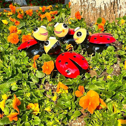 Metal Yard Art Garden Decor for Outside Cute Red Ladybugs Lawn Patio Ornaments Backyard Decorations Garden Gifts for Mom - Set of 4