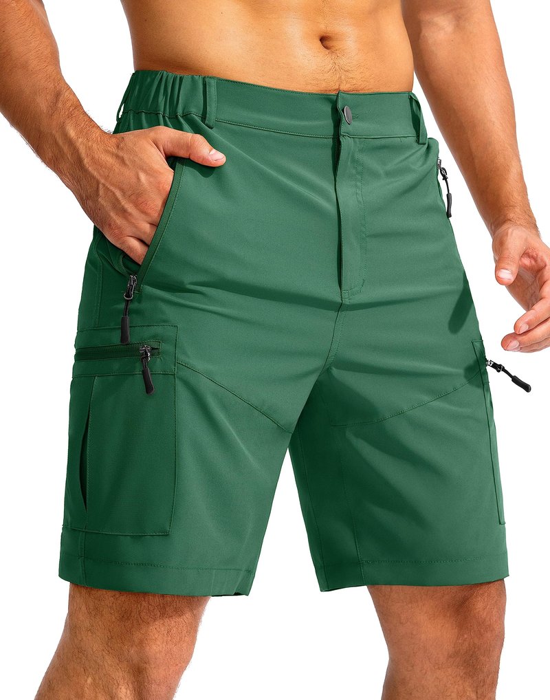 Pudolla Men's Hiking Cargo Shorts 9" Lightweight Outdoor Work Shorts for Men Travel Golf Camping Casual with 5 Zipper Pockets(Green Large)