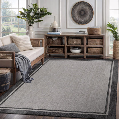 CAMILSON Indoor Outdoor Rug, 6x9 Bordered Gray Modern Area Rugs for Indoor and Outdoor Patios, Kitchen and Hallway Mats, Washable Porch Deck Outside Carpet (Bordered Grey, 6 x 9)