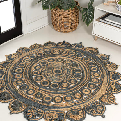 JONATHAN Y Flora Medallion Jute Blue/Natural 4' Round Indoor Area Rug, Bohemian, Contemporary, Easy-Cleaning for Living Room, Bedroom, Kitchen, Pet Friendly, Non-Shedding (RNF118A-4R)