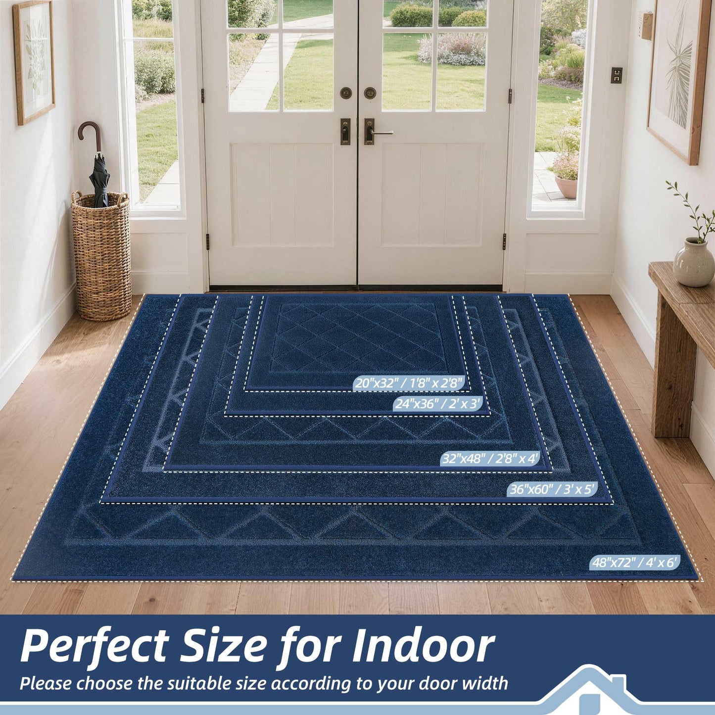 BEQHAUSE Dirt Trapper Door Mat 32" x 48", Doormat Non-Slip Entryway Rugs Washable, Dog Door Mat Stain Resistant and Absorbent Welcome Floor Mat for Front Back Door, Mud Wet Shoes & Paws, Navy Blue
