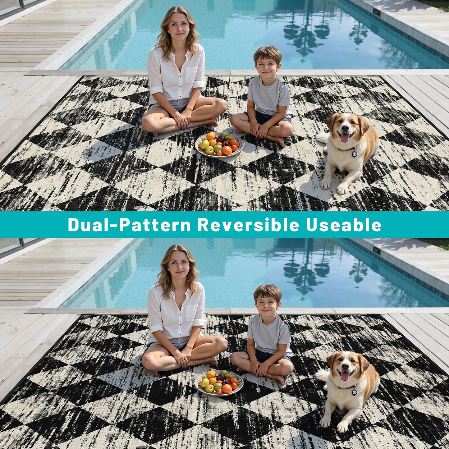 HEBE Checkered Outdoor Rug Waterproof 8x10, Reversible Plastic Straw Rug RV Camping Rug, Indoor Outdoor Patio Mat Clearance, Outside Carpet for Porch, Deck, Camper, Balcony, Backyard, Picnic