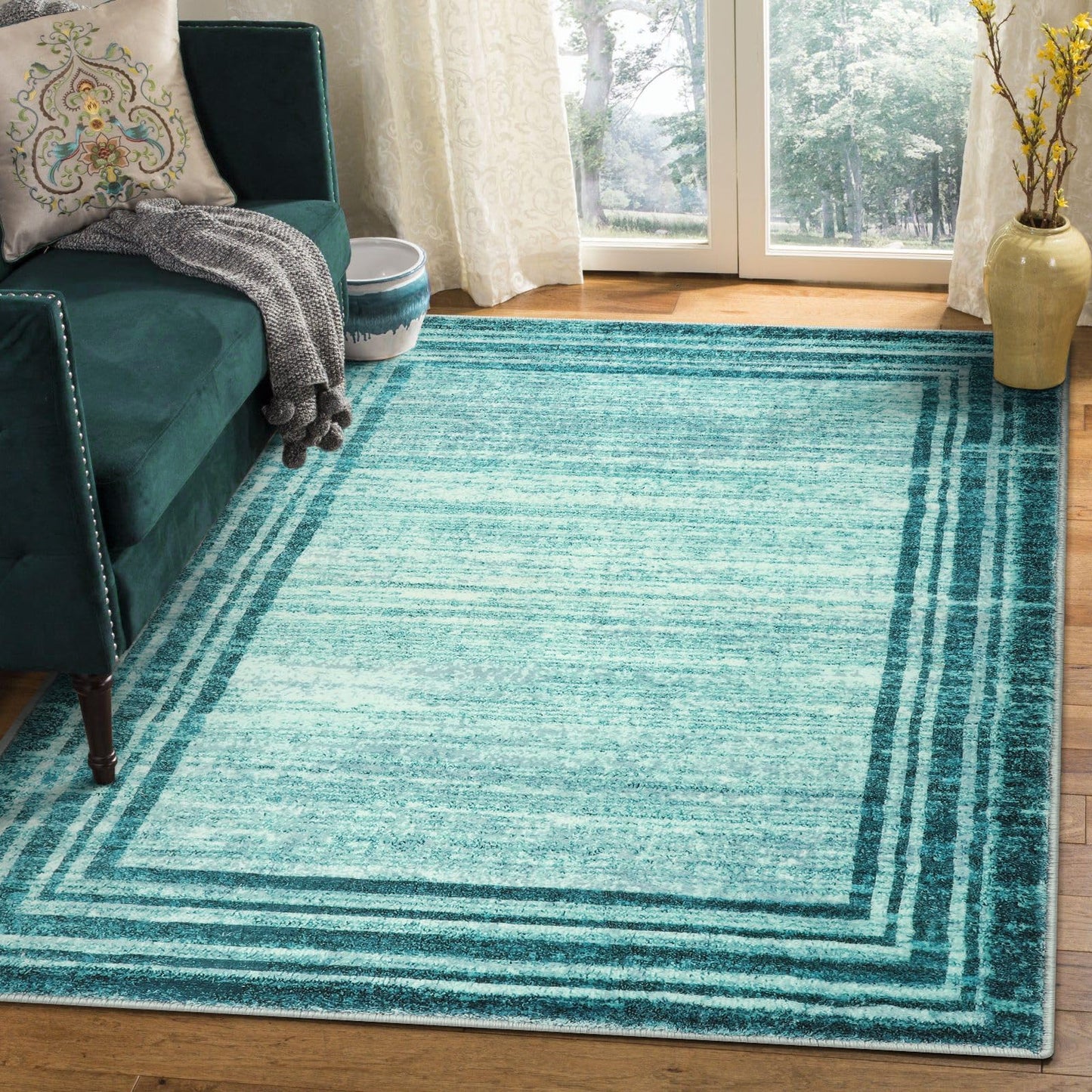 Lahome Modern Abstract Area Rug, Washable Teal 3x5 Kitchen Rugs Non Slip Large Entryway Rug Indoor, Low-Pile Soft Bathroom Mat Minimalist Throw Rug for Bedroom Living Room Stain Resistance