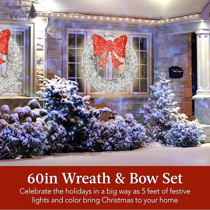 Best Choice Products 60in Pre-Lit Outdoor Christmas Wreath Decoration, LED Metal Holiday Decor for Home Exterior, Garden w/ 206 Lights, Bow - White/Red