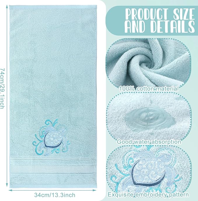 2 Pcs Sea Turtle Floral Hand Towels Pastel Blue Bathroom Decor 14x29 Inch