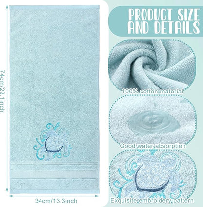 2 Pcs Sea Turtle Floral Hand Towels Pastel Blue Bathroom Decor 14x29 Inch