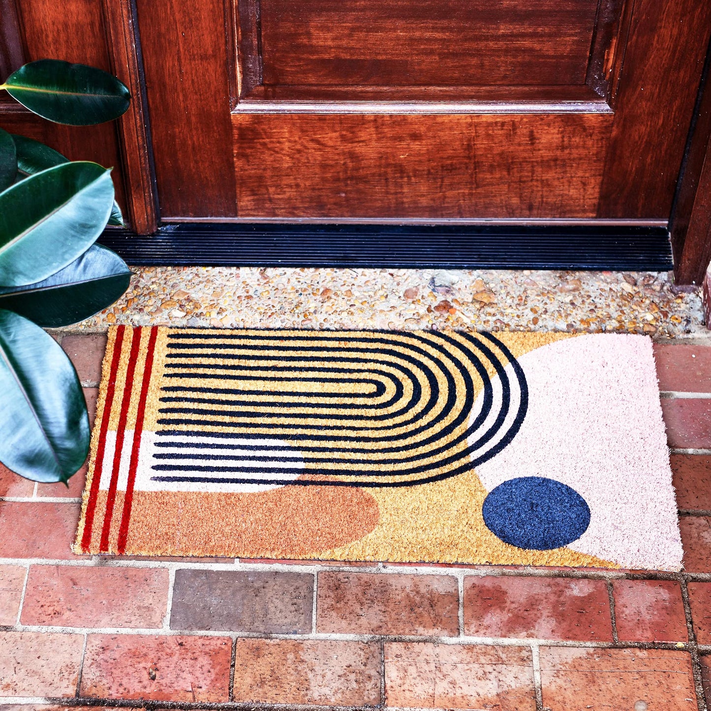 Main + Mesa Geometric Coir Doormat with Non-Slip PVC Backing, Curved Geo