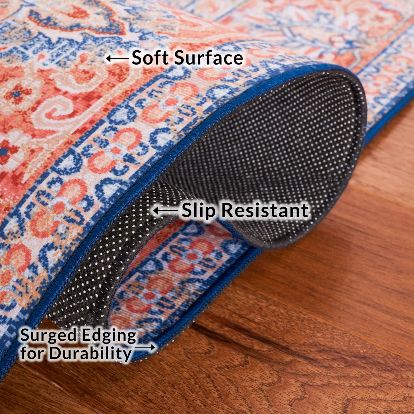 SAFAVIEH Washable Rug Tucson Collection - 4' x 6', Rust & Blue, Slip Resistant & Easy to Clean, Ideal for Foyer, Kitchen, Nursery, Office, Bedroom (TSN171P)