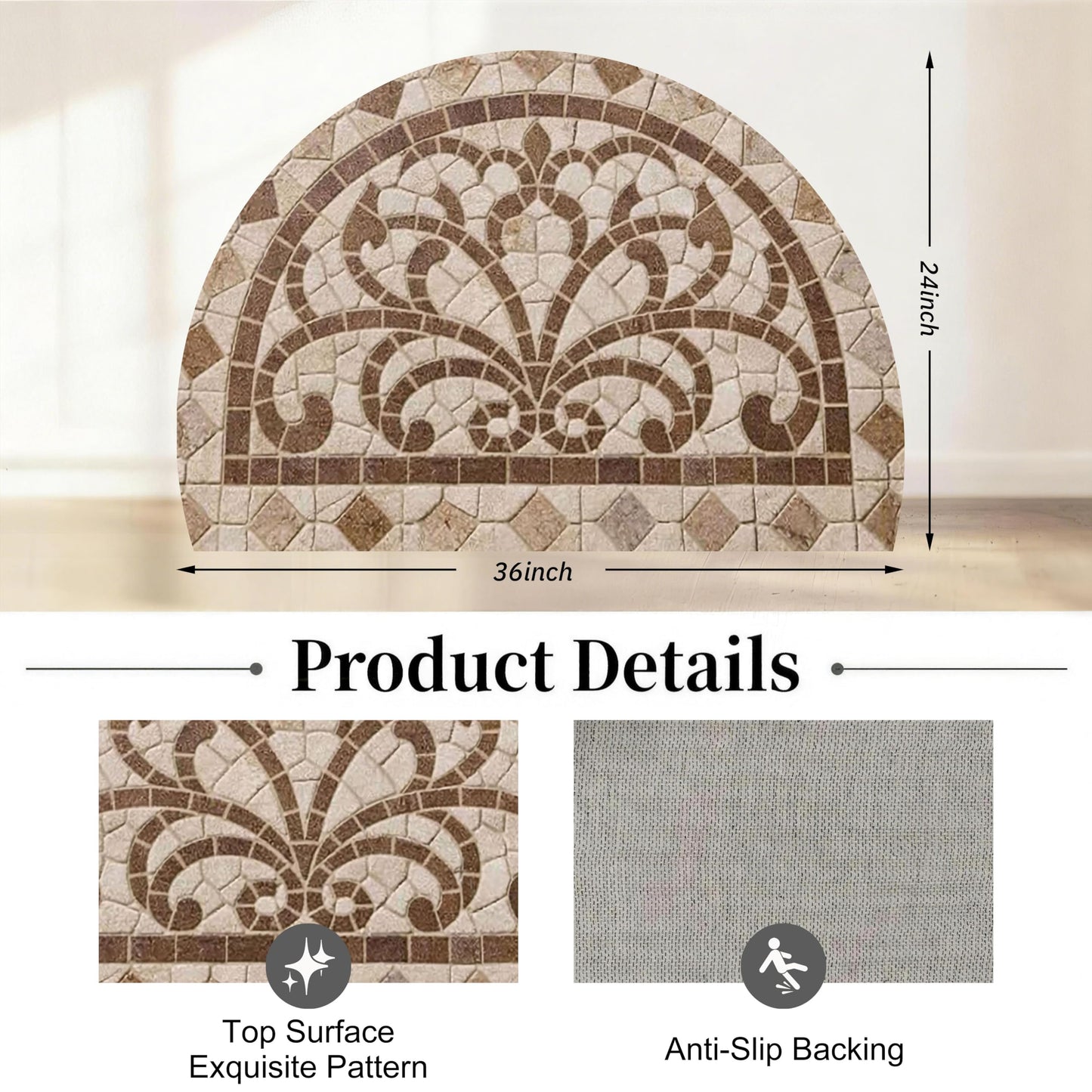 WOYUO Half Circle Door Mat 20"x31.5" Non-Slip Washable Welcome Mat, Low Profile Front Door Mat Semicircular Entrance Doormat, Dirt Trapper Floor Mat (Brown Marble Pattern, 24"x 36" Large Half Round)