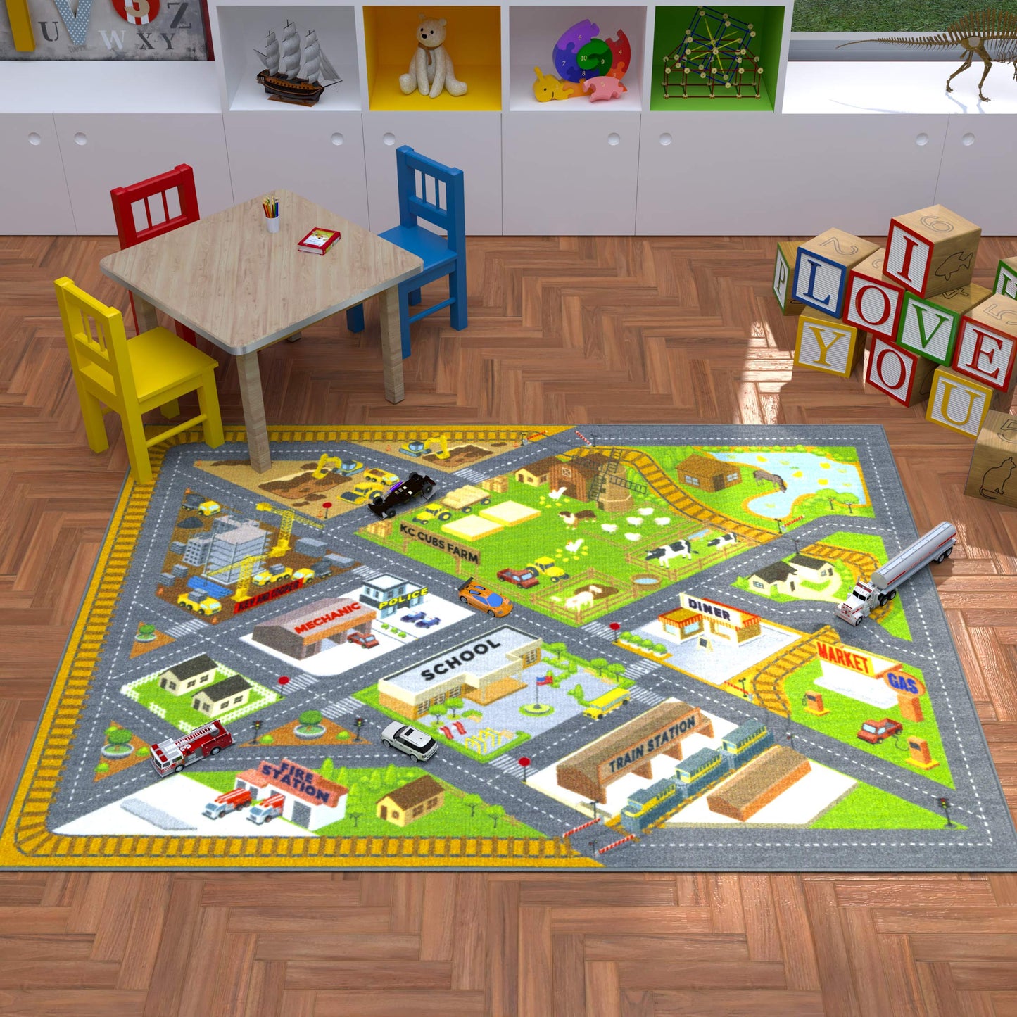 KC Cubs: Educational Rug: Country Farm Construction Road Map – 8x10' Playmat - Interactive Car Route, Area Carpet, Bedroom-Classroom, Baby-Toddler-Kid