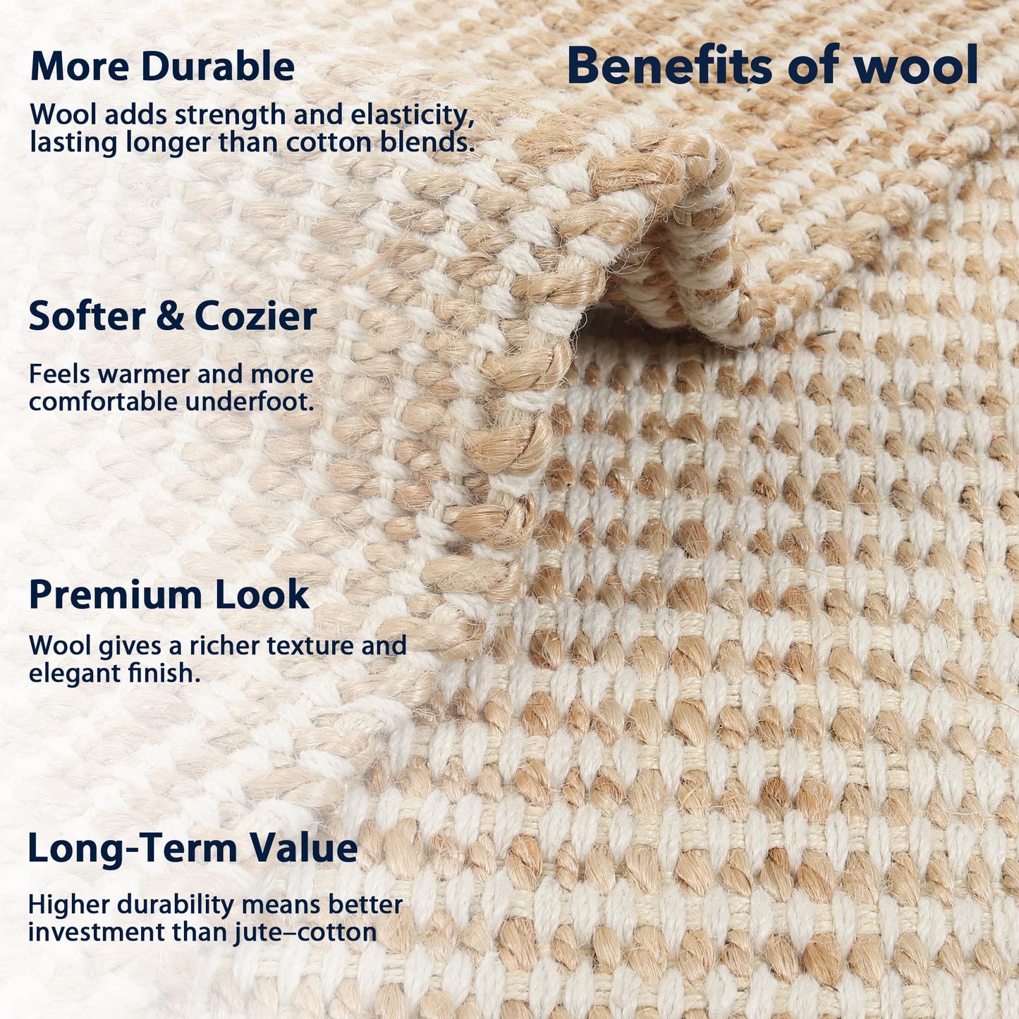 RUSVILLA 10x14 feet Natural Jute & Wool Area Rug,– Handwoven Mini Check Natural Fiber Rug with 4" Border, Neutral Boho Farmhouse Rug for Living Room,Dining Room,Bedroom | 0.6" Pile (10' x 14')