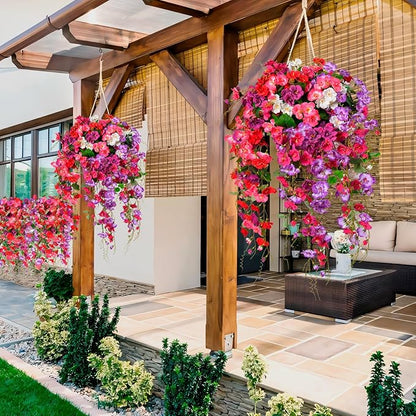 Artificial Flowers for Outdoors 3 Pack Fake Hanging Plants with Faux Hibiscus Flowers Summer Fall Decor UV Resistant Silk Leaves for Indoor Outdoor Front Door Porch Patio Planter Decor