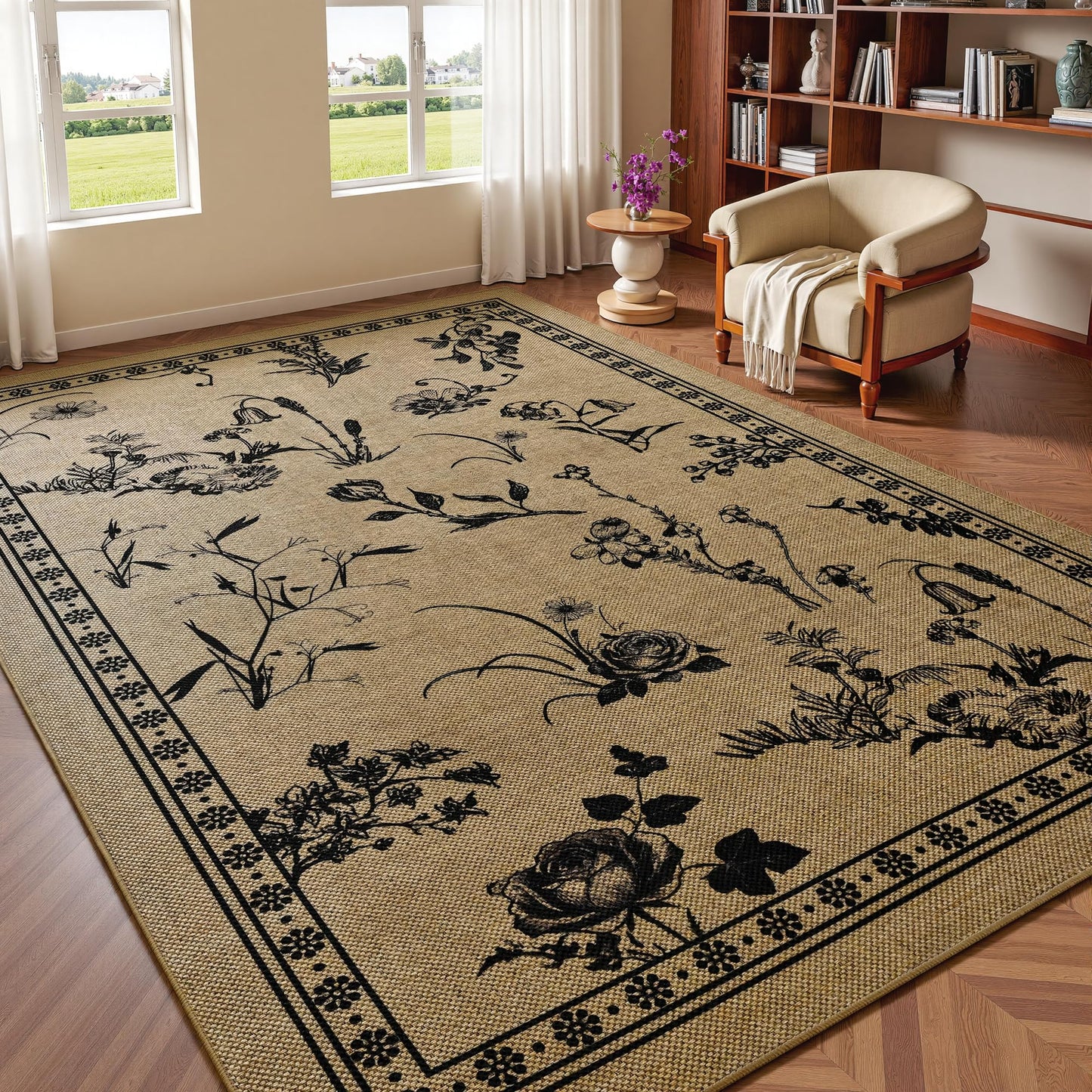 FALARK Easy Jute Area Rugs for Living Room, 5x7 Beige Botanical Sketch Thin Washable Rug, Non Slip Backing Indoor Outdoor Carpet for Bedroom Kitchen Office Backyard Patio Kids Room