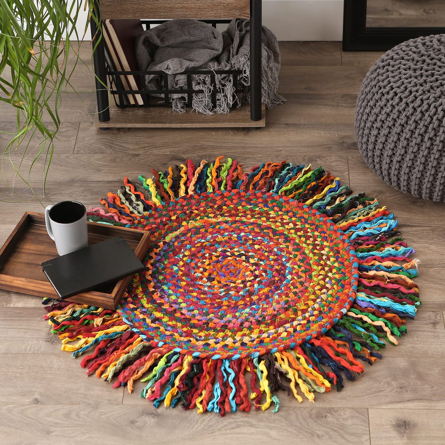 DII Chindi Home Collection Handwoven Multicolor Area Rag Rug, 3' Round with Fringe, Multi-Color