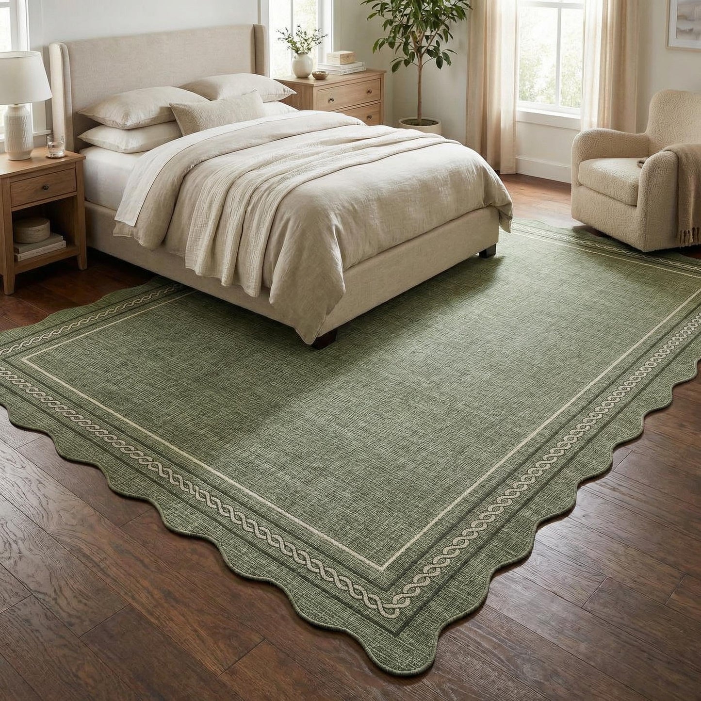 MilleLoom Large Area Rug 9x12 Scalloped Rug Machine Washable Non Slip Carpet Farmhouse Non-Shedding Neutral Floor Mat Indoor Soft Low Pile Foldable Rugs for Living Room Bedroom Dining Room Dorm Green