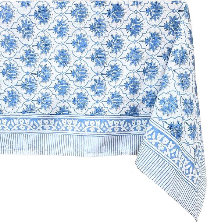 ATOSII Padma Blue 100% Cotton Rectangle Summer Tablecloth, Indian Block Print Floral Table Cloth I Dining Parties Weddings Outdoors Holidays 60 X 108 Inches, 8 Seater I Grandmillennial Farmhouse Boho