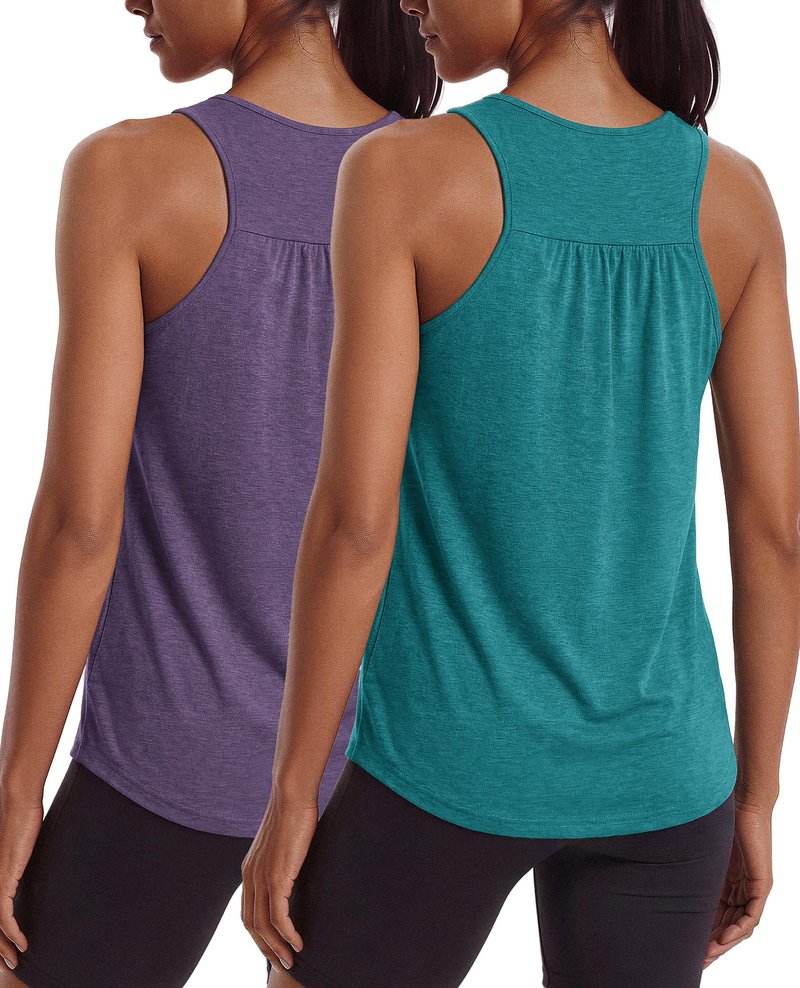 PINSPARK Womens Workout Tops Loose Fit Athletic Running Top Moisture Wicking Racer Back Tennis Tank Flowy Summer Exercise Shirts,Purple/Green Jade S