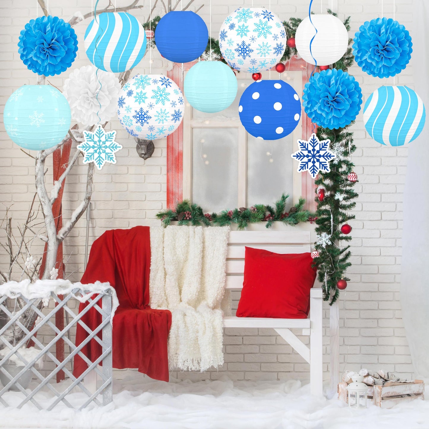 Renbuzhu 15PCS Winter Wonderland Decorations Paper Lanterns Pom Poms Hanging Swirls Christmas Holiday Hanging Decor for Home Birthday Outdoor Indoor