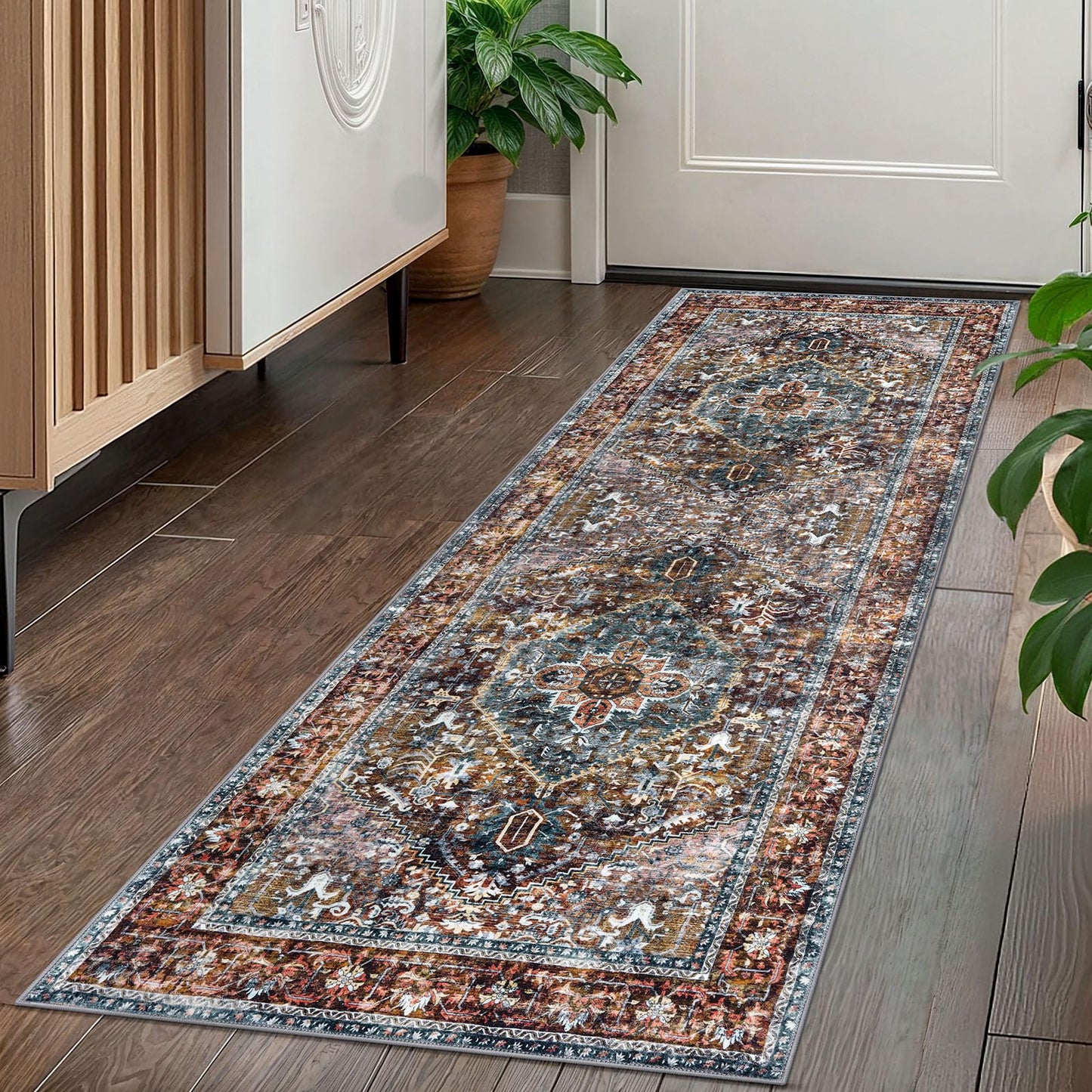 KOZYFLY Runners for Hallways 2x5 Ft Washable Kitchen Runner Rug Boho Runner Rug for Entryway Indoor Printed Oriental Faux Wool Floor Carpet Runner for Laundry Room Kitchen Hall, Brick Red/Orange/Green