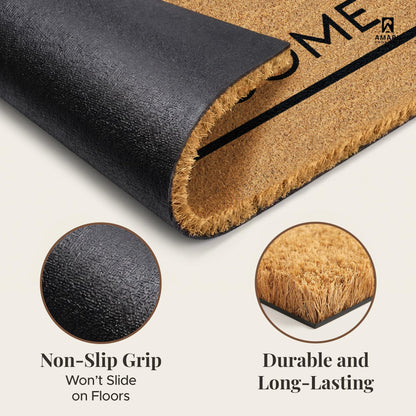 AMARU DOOR MATS - Natural Coir Door Mat, Minimal Shedding, Heavy Duty Non-Slip Welcome Mat for Front Door, Outside Entrance, Porch & Entryway (17x29, Welcome 7)