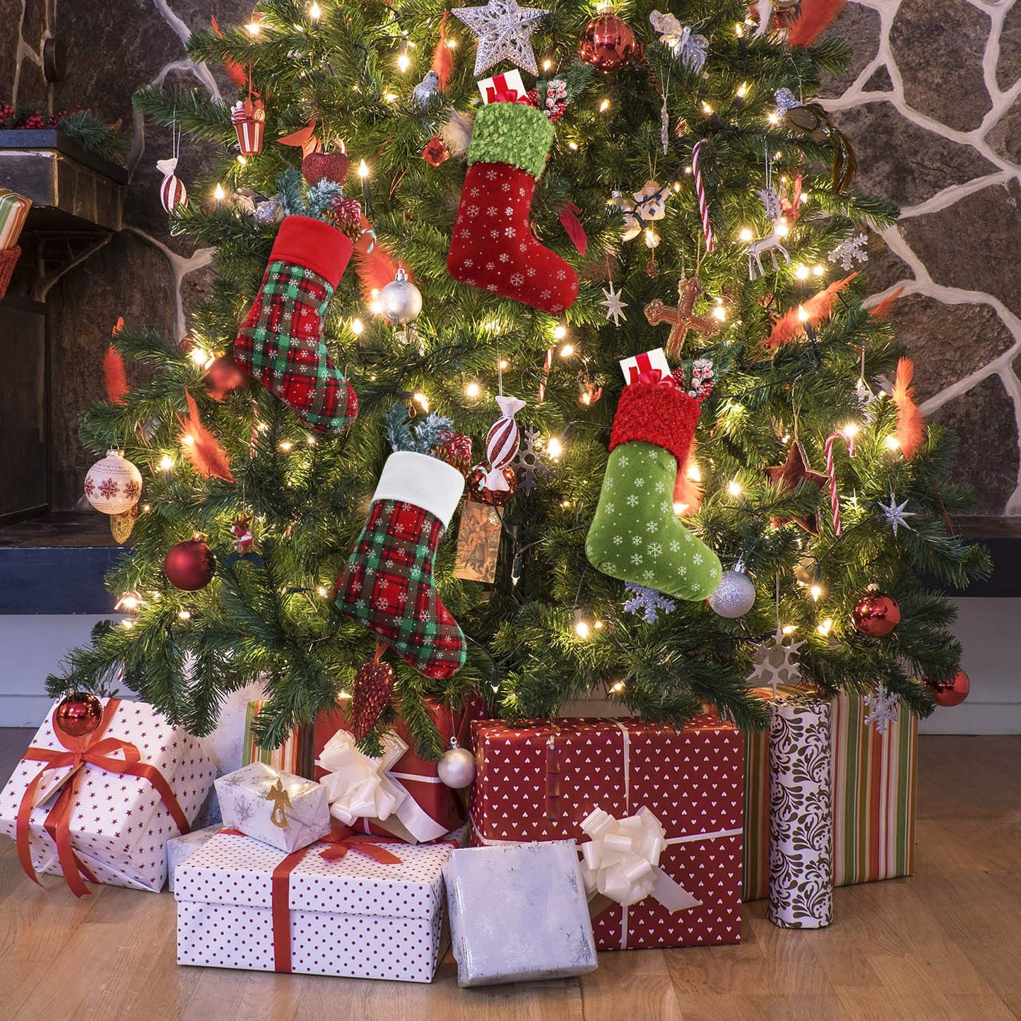 Syhood 24 Pieces 9 Inch Christmas Mini Stockings Plaid Snowflake Christmas Tree Hanging Stocking for Xmas New Year Party Decorations