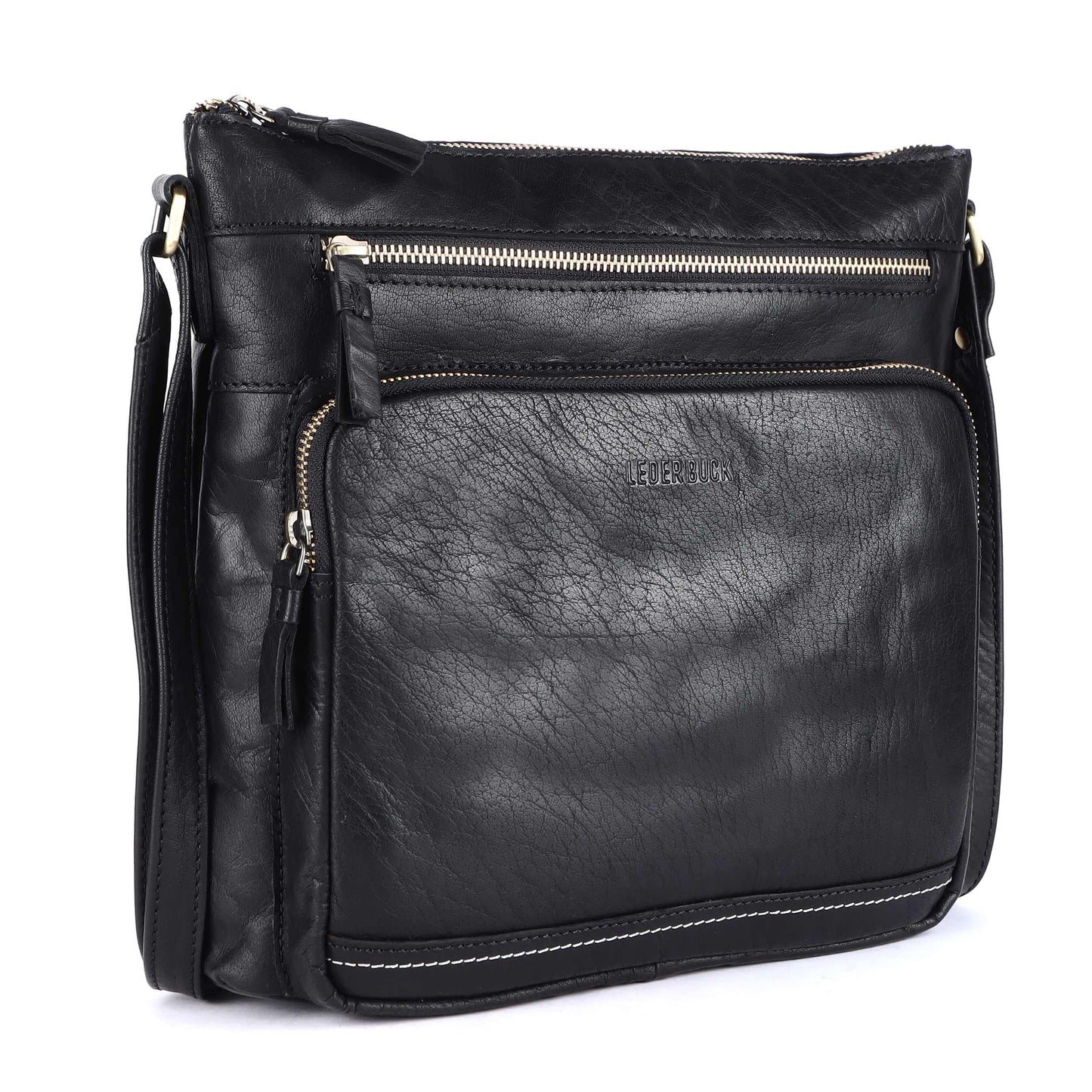 LEDERBUCK Olga Women's Extra-Large Genuine Leather Crossbody Purse – Soft Triple-Zip Shoulder Bag (Black)