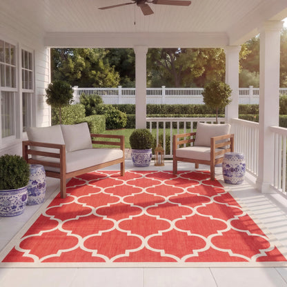 SAFAVIEH Washable Rug Outdoor Courtyard Collection - 6'7" x 9'6", Red & Bone, Non-Shedding & Easy Cleaning, Ideal for Patio, Backyard, Mudroom (CY6914-248)