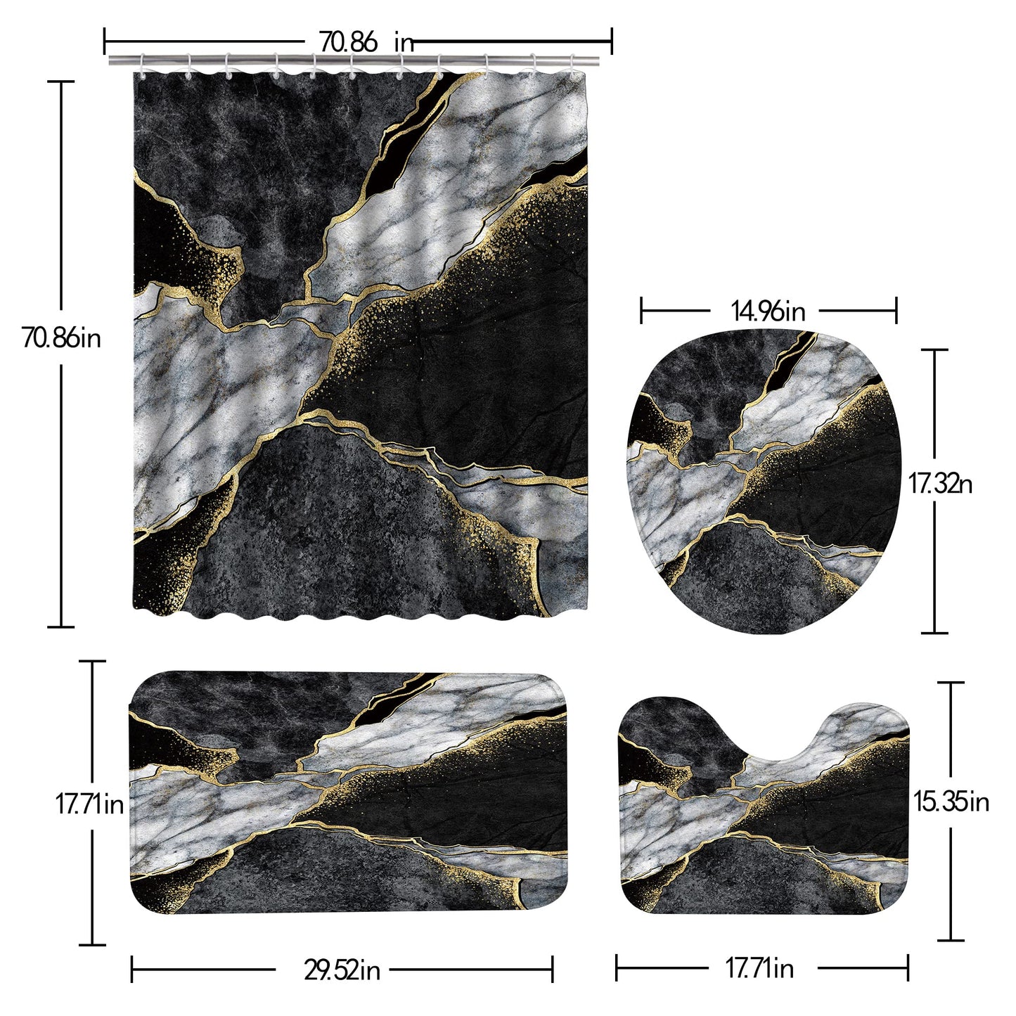 4 Pcs Marble Shower Curtain Sets, Gold Cracked Lines Crystal Geode Black Grey Bathroom Decor, Rug Toilet Lid Cover and Non-Slip U Shape Mat, Waterproof Polyester Shower Curtain with 12 Hooks, 72 x 72
