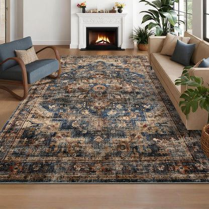 GarveeHome 8x10 Washable Vintage Living Room Area Rug: Vintage Machine Washable Area Rug for Living Room Indoor Large Non-Slip Bedroom Carpet Low Pile Stain Resistant Dining Room Carpet Blue&Brown