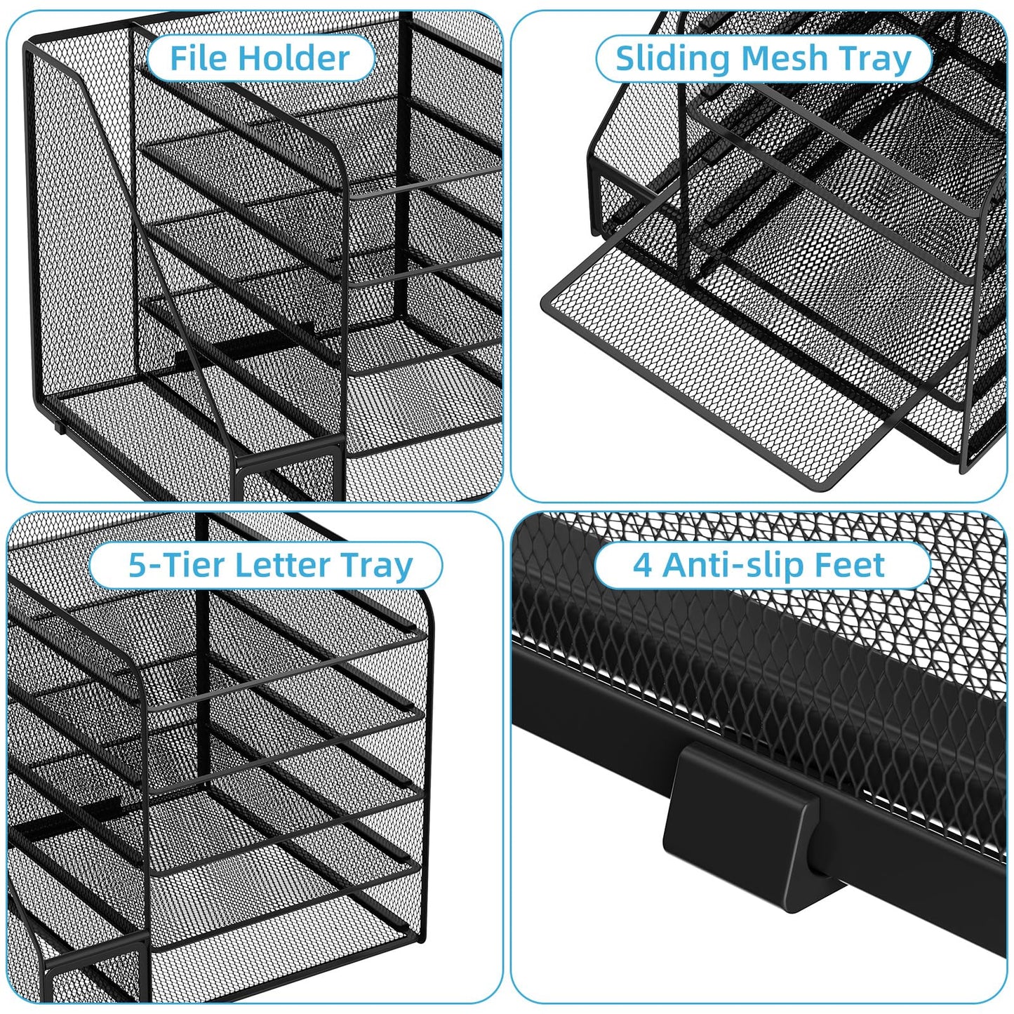 Marbrasse Desk Organizers and Accessories, 5-Tier Paper Letter Tray Organizer with File Holder, Mesh File Organizer, Office Desk Accessories & Organization for Supplies (Black)