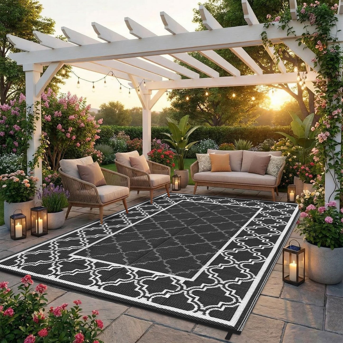 Garvee Reversible Outdoor Rug 5x8, Waterproof Outdoor Plastic Straw Rug with Interlacing Pattern, RV Mat for Picnics, Patio, Camping, Balcony, Deck, Backyard, Porch